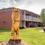 A tree trunk carved into the shape of a bear