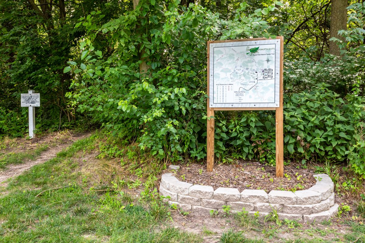 Photo of the trail map sign that marks the trail head on Forest Park grounds